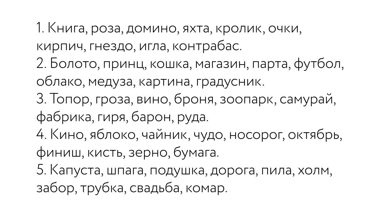Приведено 5 наборов из 10 слов (для пяти попыток)
